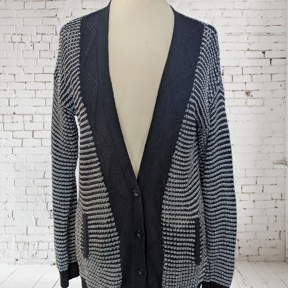 Yoon Black and White Cardigan Sweater with V-Neck